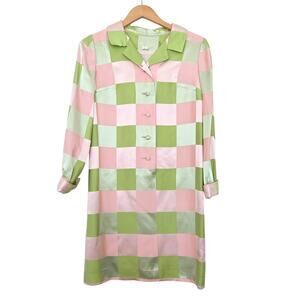 Vintage Green Pink Square Checker Print Button Shirt Dress Size S